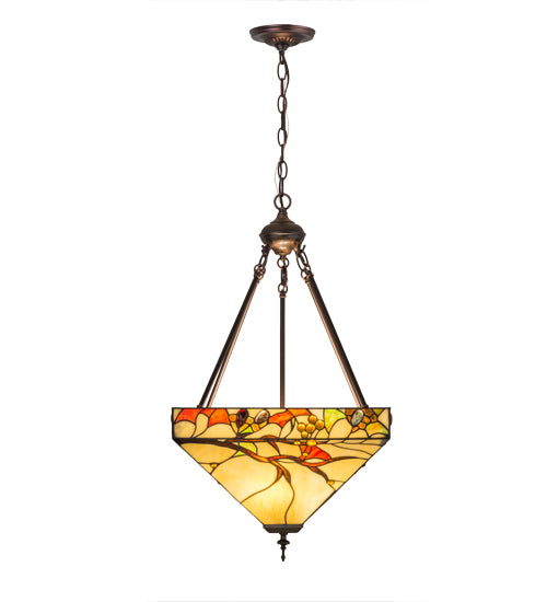 Meyda Lighting Woodland Berries 22" 3-Light Mahogany Bronze Inverted Pendant Light With Multi-Colored Shade Glass