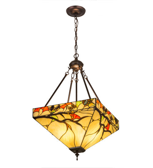 Meyda Lighting Woodland Berries 22" 3-Light Mahogany Bronze Inverted Pendant Light With Multi-Colored Shade Glass
