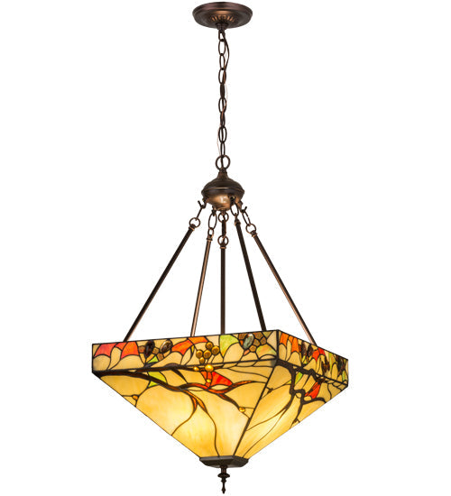 Meyda Lighting Woodland Berries 22" 3-Light Mahogany Bronze Inverted Pendant Light With Multi-Colored Shade Glass