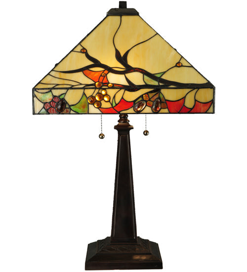 Meyda Lighting Woodland Berries 25" 2-Light Mahogany Bronze Table Lamp With Multi-Colored Shade Glass