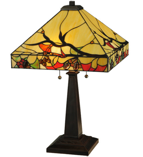 Meyda Lighting Woodland Berries 25" 2-Light Mahogany Bronze Table Lamp With Multi-Colored Shade Glass