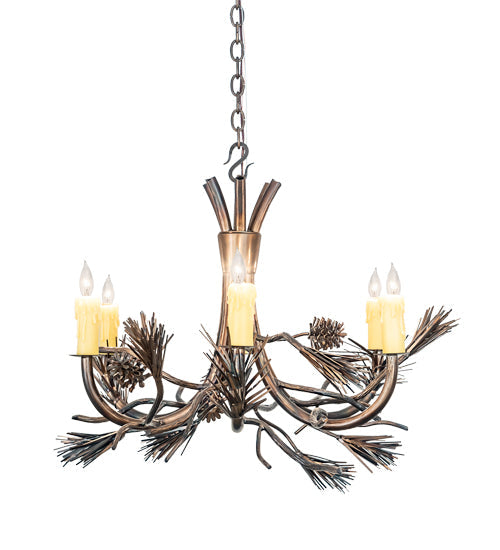 Meyda Lighting Woodland Pine 29" 6-Light Dark Burnished Antique Copper Chandelier With Ivory Faux Candlelight