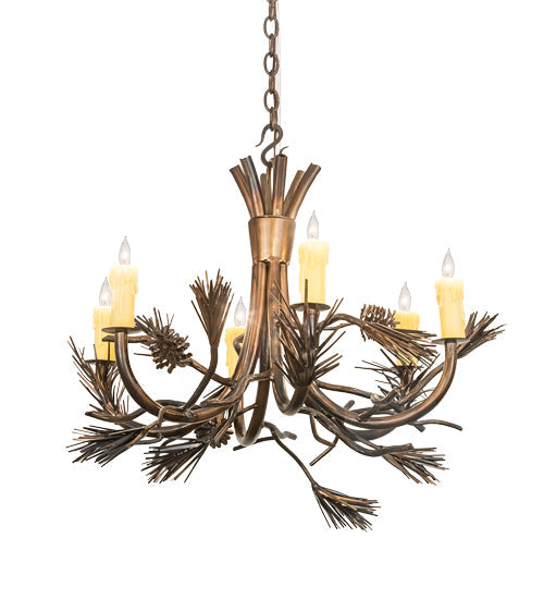 Meyda Lighting Woodland Pine 29" 6-Light Dark Burnished Antique Copper Chandelier With Ivory Faux Candlelight