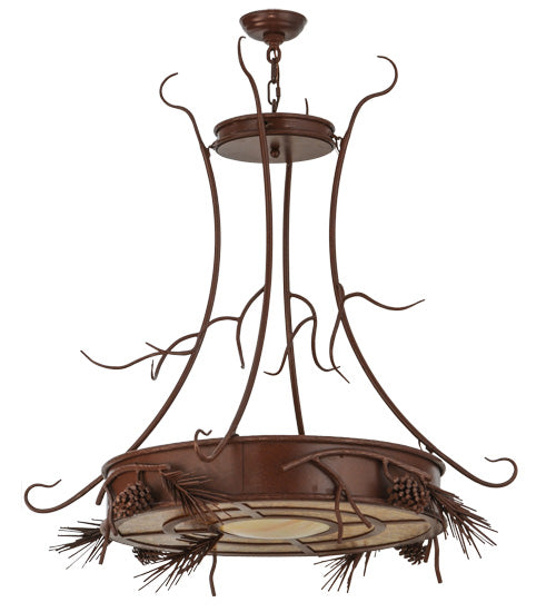 Meyda Lighting Woodland Pine 36" 4-Light Rust Inverted Pendant Light With Amber Mica & Beige Iridescent Shade Glass