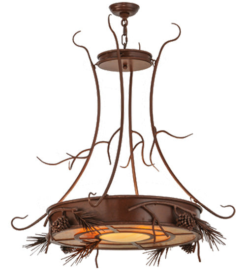 Meyda Lighting Woodland Pine 36" 4-Light Rust Inverted Pendant Light With Amber Mica & Beige Iridescent Shade Glass