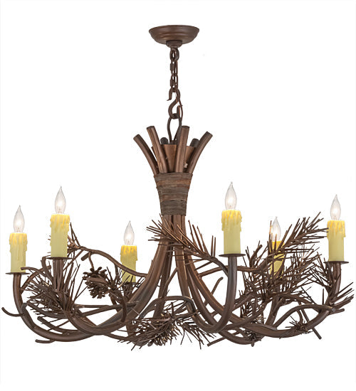 Meyda Lighting Woodland Pine 36" 6-Light Wrought Iron & Mahogany Bronze Chandelier With Ivory Faux Candlelight