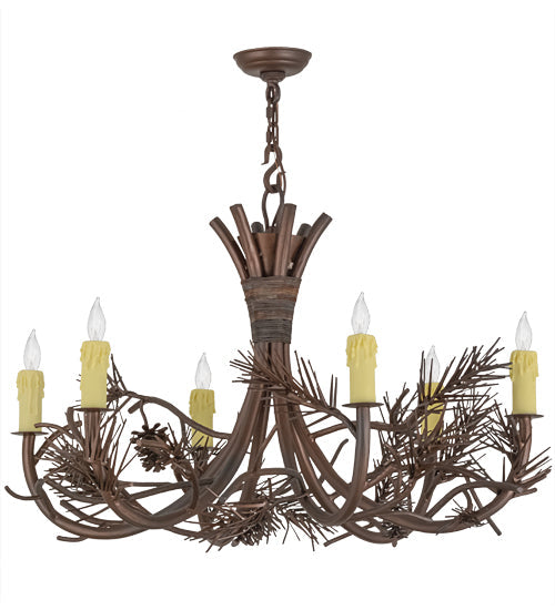 Meyda Lighting Woodland Pine 36" 6-Light Wrought Iron & Mahogany Bronze Chandelier With Ivory Faux Candlelight