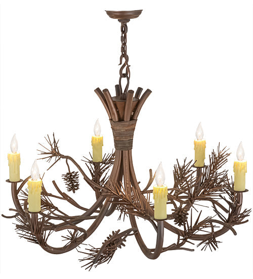 Meyda Lighting Woodland Pine 36" 6-Light Wrought Iron & Mahogany Bronze Chandelier With Ivory Faux Candlelight