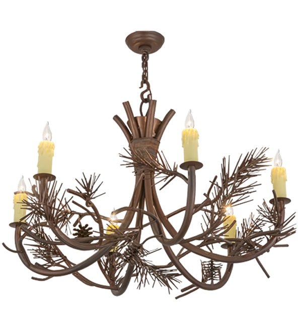 Meyda Lighting Woodland Pine 36" 6-Light Wrought Iron & Mahogany Bronze Chandelier With Ivory Faux Candlelight