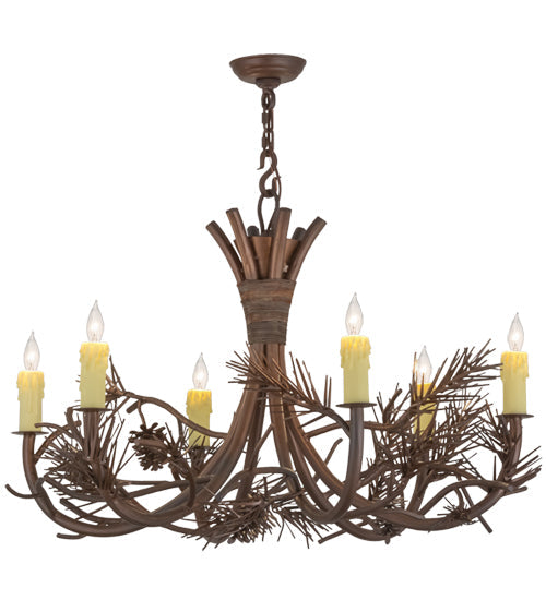 Meyda Lighting Woodland Pine 36" 6-Light Wrought Iron & Mahogany Bronze Chandelier With Ivory Faux Candlelight