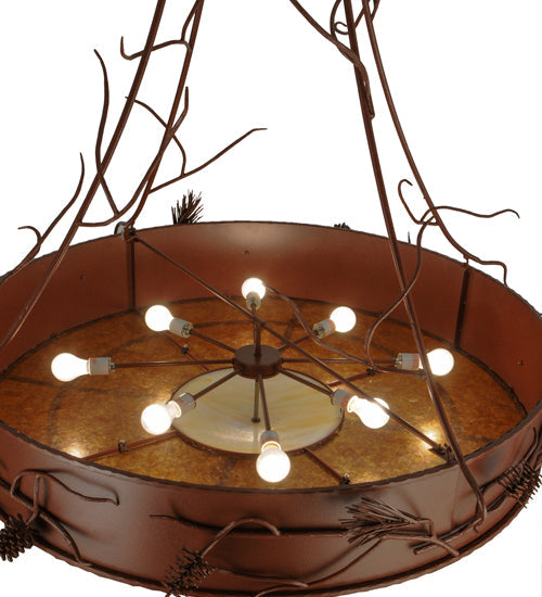 Meyda Lighting Woodland Pine 58" 8-Light Rust Inverted Pendant Light With Amber Mica & Beige Iridescent Shade Glass