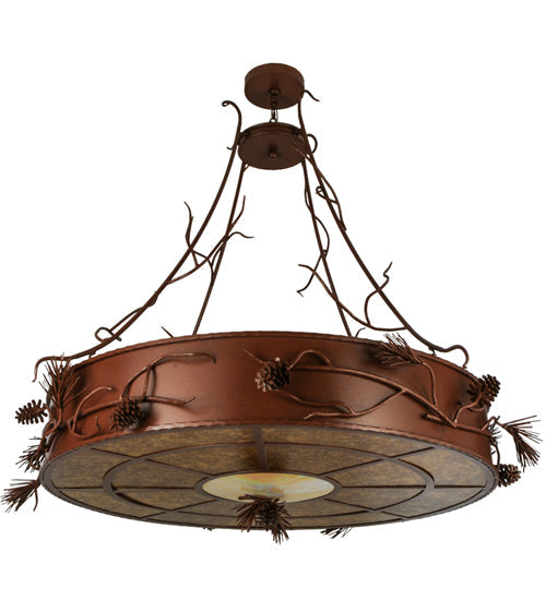 Meyda Lighting Woodland Pine 58" 8-Light Rust Inverted Pendant Light With Amber Mica & Beige Iridescent Shade Glass