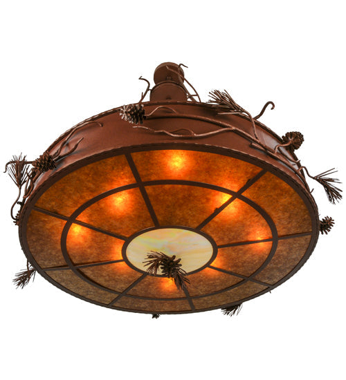 Meyda Lighting Woodland Pine 58" 8-Light Rust Inverted Pendant Light With Amber Mica & Beige Iridescent Shade Glass