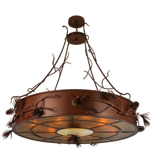 Meyda Lighting Woodland Pine 58" 8-Light Rust Inverted Pendant Light With Amber Mica & Beige Iridescent Shade Glass