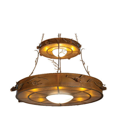 Meyda Lighting Woodland Pine 60" 16-Light 2-Tier Rust Inverted Pendant Light With Amber Mica Alabaster Shade Glass