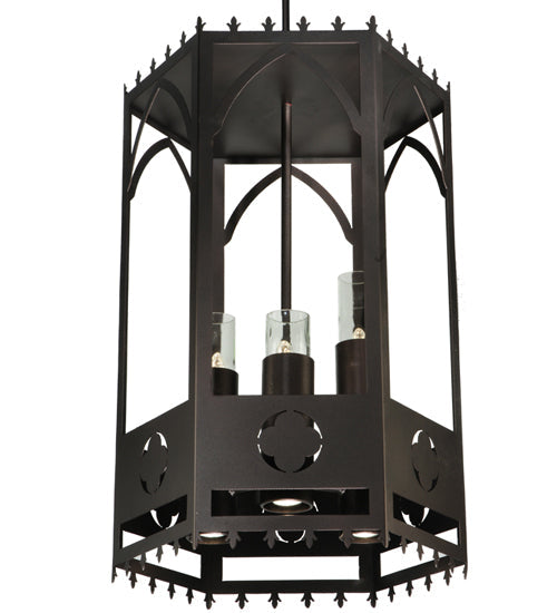 Meyda Lighting Woolf 24" 6-Light Mahogany Bronze Pendant Light With Clear Shade Glass and Down Light