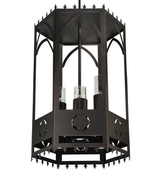 Meyda Lighting Woolf 24" 6-Light Mahogany Bronze Pendant Light With Clear Shade Glass and Down Light