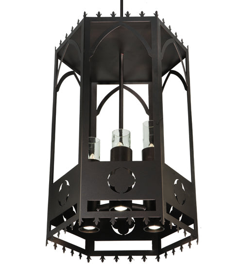 Meyda Lighting Woolf 24" 6-Light Mahogany Bronze Pendant Light With Clear Shade Glass and Down Light