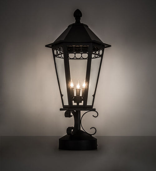 Meyda Lighting Yorkshire 14" 3-Light Solar Black Outdoor Lantern Post Mount Light With Clear Shade Glass