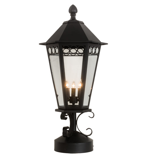 Meyda Lighting Yorkshire 14" 3-Light Solar Black Outdoor Lantern Post Mount Light With Clear Shade Glass