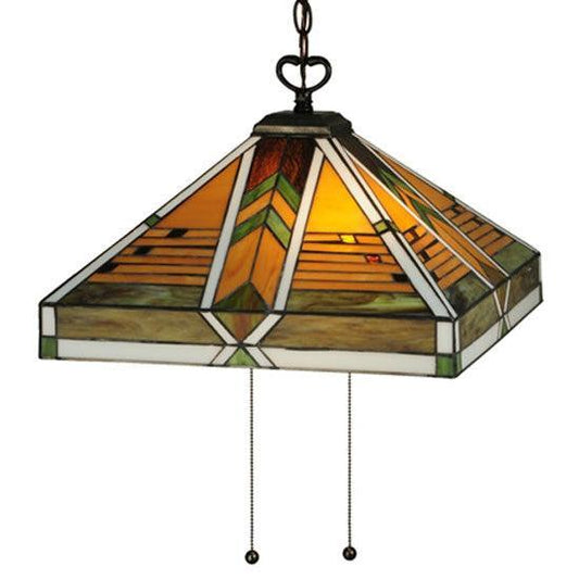 Meyda Tiffany Abilene 17" Square Mahogany Bronze Pendant Light With Green & Brown Shade Glass