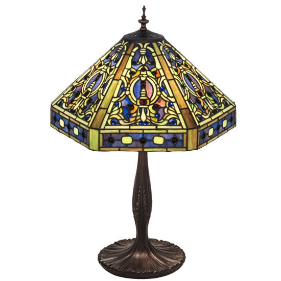 Meyda Tiffany Elizabethan 24" Mahogany Bronze Table Lamp With Green & Blue Shade Glass