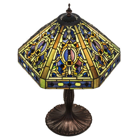 Meyda Tiffany Elizabethan 24" Mahogany Bronze Table Lamp With Green & Blue Shade Glass