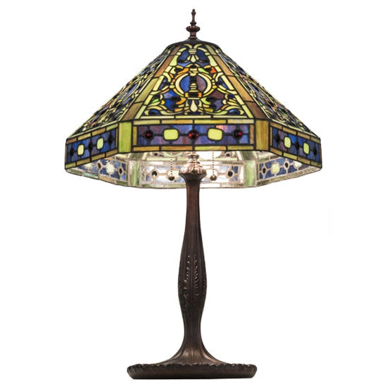 Meyda Tiffany Elizabethan 24" Mahogany Bronze Table Lamp With Green & Blue Shade Glass