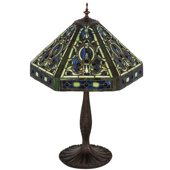 Meyda Tiffany Elizabethan 24" Mahogany Bronze Table Lamp With Green & Blue Shade Glass