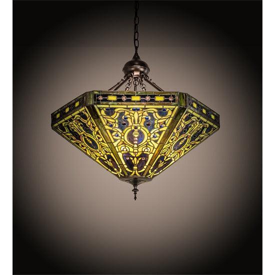 Meyda Tiffany Elizabethan 26" Mahogany Bronze Inverted Pendant With Green & Blue Shade Glass