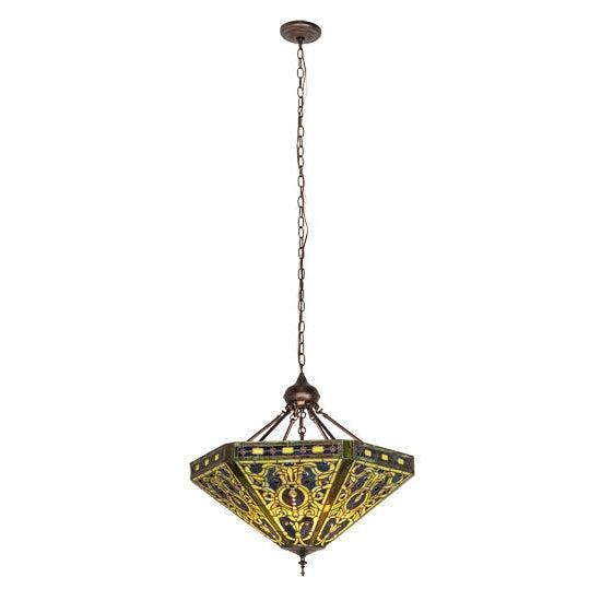 Meyda Tiffany Elizabethan 26" Mahogany Bronze Inverted Pendant With Green & Blue Shade Glass