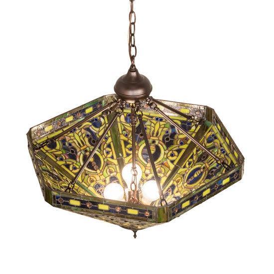 Meyda Tiffany Elizabethan 26" Mahogany Bronze Inverted Pendant With Green & Blue Shade Glass