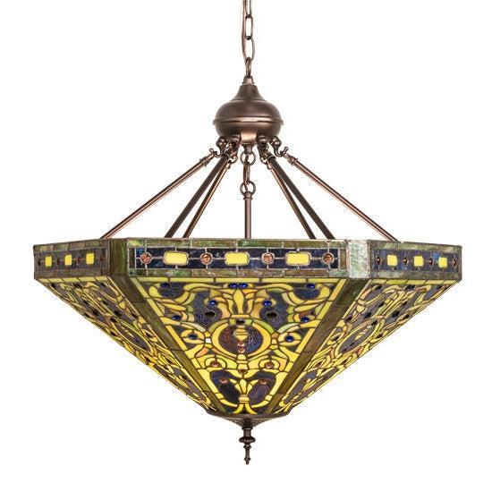 Meyda Tiffany Elizabethan 26" Mahogany Bronze Inverted Pendant With Green & Blue Shade Glass