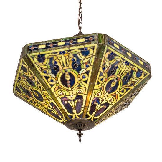 Meyda Tiffany Elizabethan 26" Mahogany Bronze Inverted Pendant With Green & Blue Shade Glass