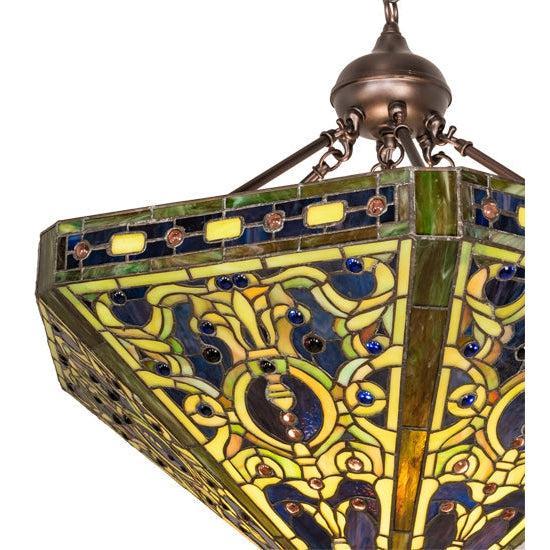 Meyda Tiffany Elizabethan 26" Mahogany Bronze Inverted Pendant With Green & Blue Shade Glass