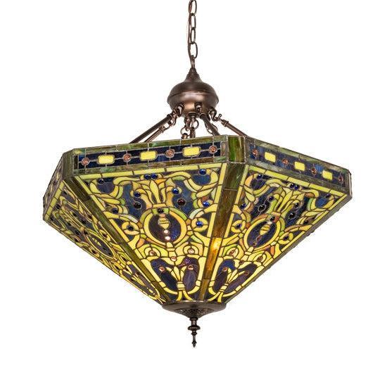 Meyda Tiffany Elizabethan 26" Mahogany Bronze Inverted Pendant With Green & Blue Shade Glass