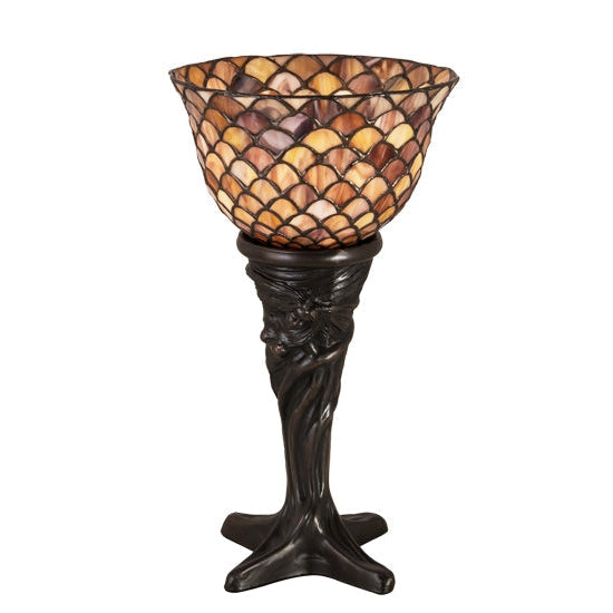 Meyda Tiffany Fishscale 14" Mahogany Bronze Mini Torchiere Table Lamp With Coral & Pink Shade Glass