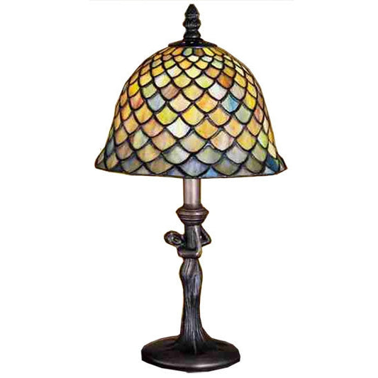 Meyda Tiffany Fishscale 15" Mahogany Bronze Mini Table Lamp With Multi-Colored Shade Glass