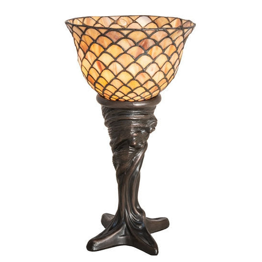 Meyda Tiffany Fishscale 15" Mahogany Bronze Mini Torchiere Table Lamp With Beige Shade Glass