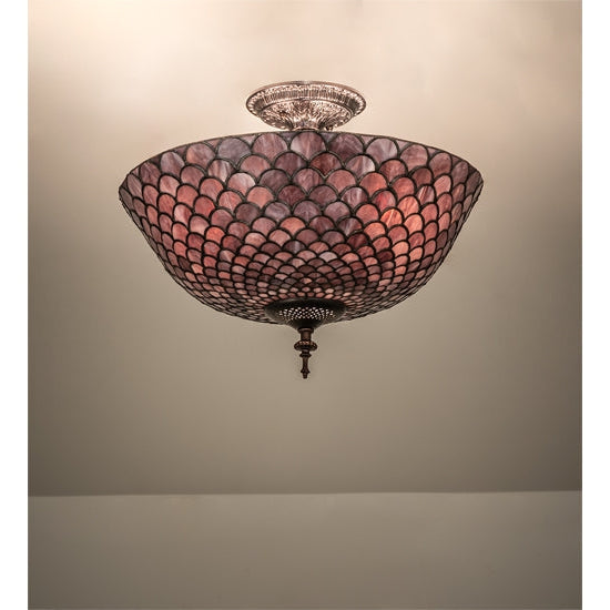 Meyda Tiffany Fishscale 16" Mahogany Bronze Flush Mount Ceiling Light With Violet Shade Glass