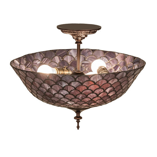 Meyda Tiffany Fishscale 16" Mahogany Bronze Flush Mount Ceiling Light With Violet Shade Glass