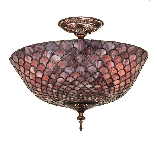 Meyda Tiffany Fishscale 16" Mahogany Bronze Flush Mount Ceiling Light With Violet Shade Glass