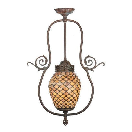 Meyda Tiffany Fishscale 17" Mahogany Bronze Pendant Light With Beige Shade Glass