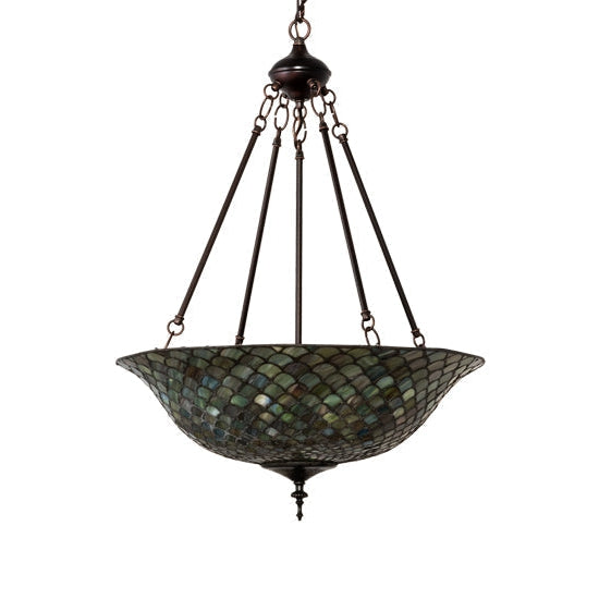Meyda Tiffany Fishscale 20" Mahogany Bronze Inverted Pendant Light With Green Shade Glass