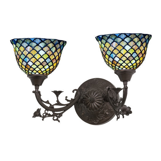 Meyda Tiffany Fishscale 21" 2-Light Mahogany Bronze Wall Sconce With Multi-Colored Shade Glass