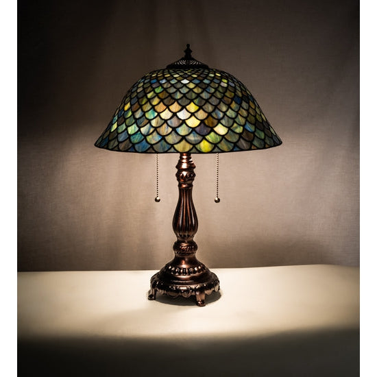 Meyda Tiffany Fishscale 22" Mahogany Bronze Table Lamp With Green Shade Glass