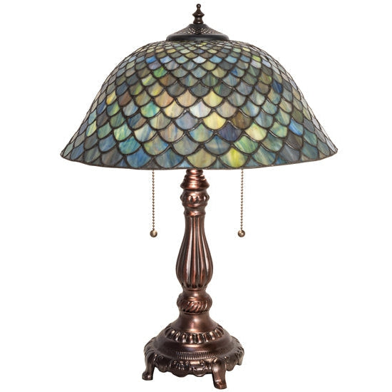 Meyda Tiffany Fishscale 22" Mahogany Bronze Table Lamp With Green Shade Glass