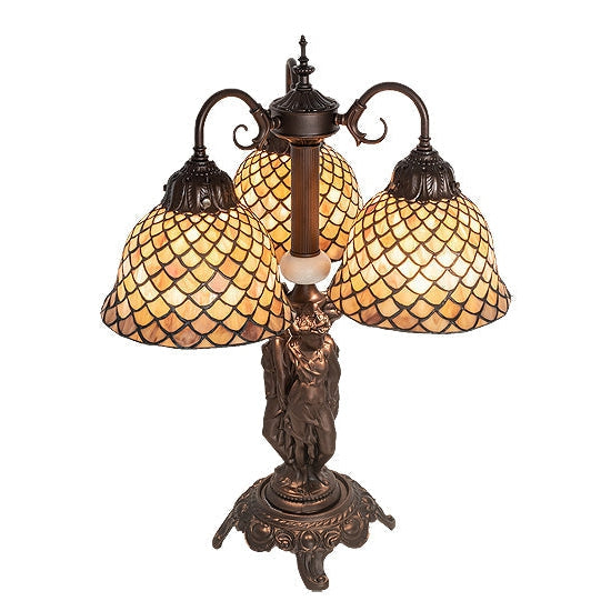 Meyda Tiffany Fishscale 23" 3-Light Mahogany Bronze Table Lamp With Beige Shade Glass