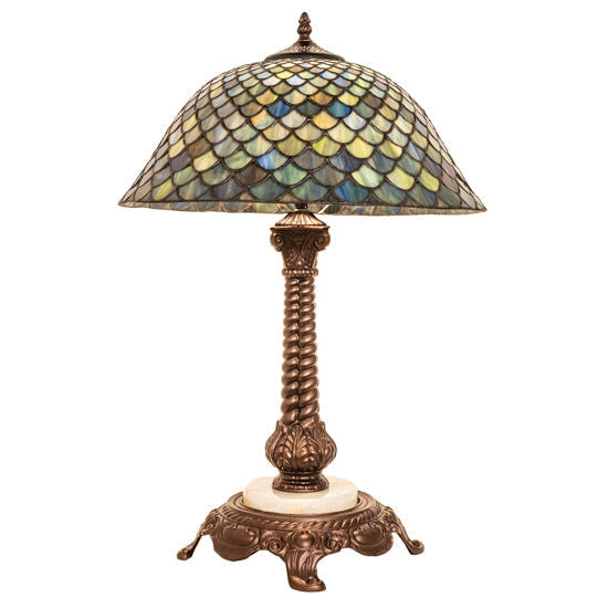 Meyda Tiffany Fishscale 23" Mahogany Bronze Table Lamp With Green & Blue Shade Glass