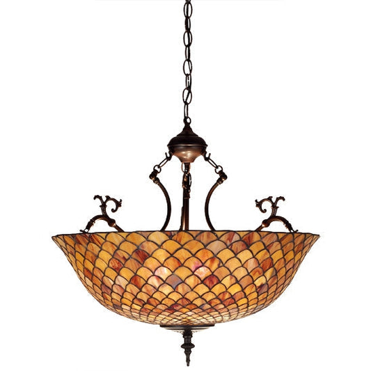 Meyda Tiffany Fishscale 24" Antique Inverted Pendant Light With Brown Shade Glass